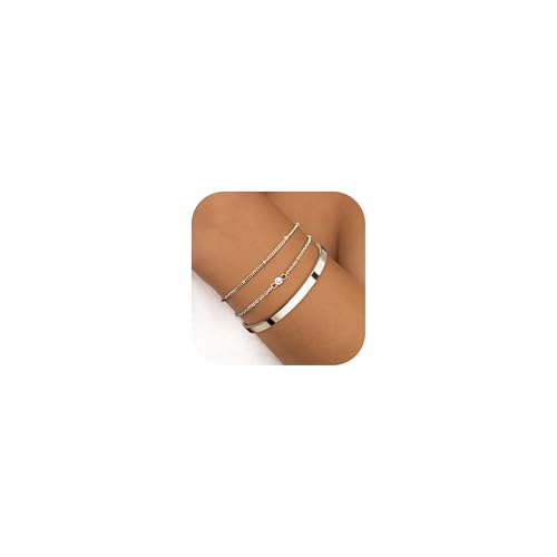 Finrezio 3-5 Stück Armband Damen Gold 14 Karat Vergoldet Stapelarmbänder Edelstahl Figaro Perlen Ketten Armbänder Verstellbare Armband Set Wasserdichter Gold Silber Schmuck für Damen von Finrezio