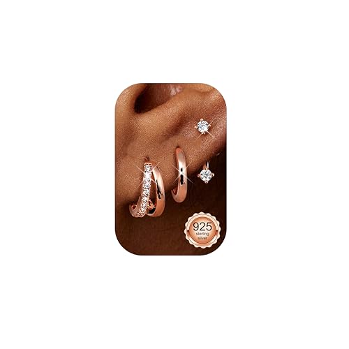 Finrezio 3 Paar Ohrringe Silber 925 Ohrringe Rosegold Damen Creolen Rosegold Doppel Creolen Ohrstecker Hypoallergen Ohrring Damen Piercing Ohr Rose gold Schmuck für Mehrere Piercings von Finrezio