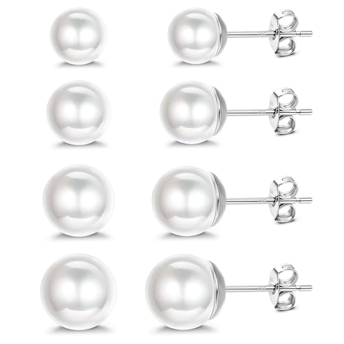 Finrezio 4 Paare Perlenohrringe Silber 925 Damen Ohrstecker Set Weiße Perlenohrstecker für Damen Mädchen Süßwasser-Zuchtperlen Ohrringe 7-10MM von Finrezio