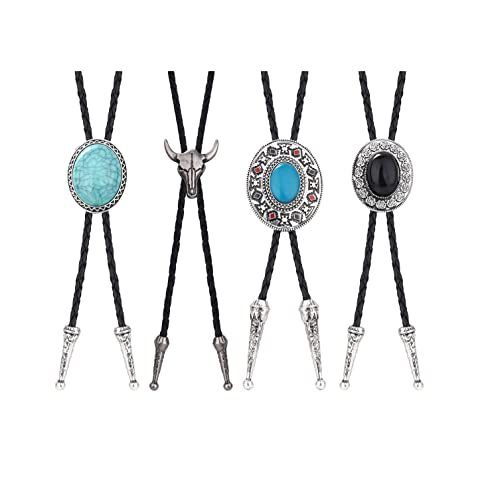 Finrezio 4Pcs Bolo Ties für Männer Frauen Handgemachte Cowboy Leder Krawatte Western Native American Original Black Tie Vintage Clip Kostümzubehör von Finrezio