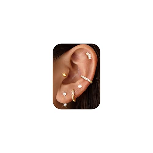 Finrezio 6 Paar Creolen Ohrringe Gold Set für Damen Ohrringe Golden 14K Vergoldet Kleine Ohrstecker Stapelbar Helix Piercings Ohr Gold Ohrstecker Creolen Ohrring Set für Mehrere Piercings von Finrezio