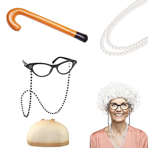 Finrezio 6 Teiliges Oma Perücke Kostüm Accessoire Set Alte-Dame-Kostüm Alte-Dame-Perücke Oma-Perücke Mütze Cane Oma Brille Kette Kordeln Perlen Halskette Weihnachten Halloween Party Bühne Cosplay von Finrezio