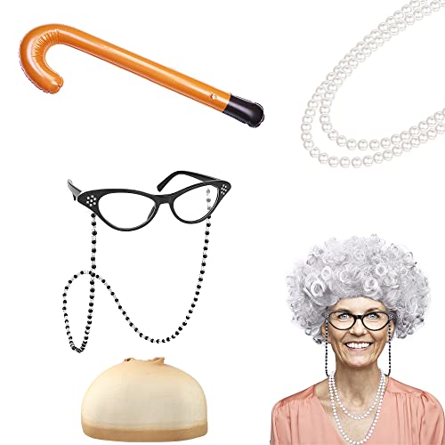 Finrezio 6 Teiliges Oma Perücke Kostüm Accessoire Set Alte-Dame-Kostüm Alte-Dame-Perücke Oma-Perücke Mütze Cane Oma Brille Kette Kordeln Perlen Halskette Weihnachten Halloween Party Bühne Cosplay von Finrezio