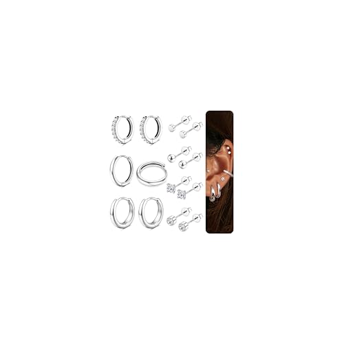 Finrezio 7 Paar Ohrringe Silber 925 Set für Damen 14 Karat Vergoldet Ohrringe Creolen Ohrstecker Silber 925 Piercings Ohr Set Zirkonia Ohrstecker Creolen Ohrringe Set für Mehrere Piercings von Finrezio