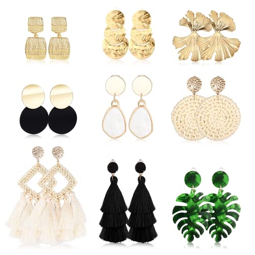 Finrezio 9 Paar Clip-Ohrringe für Frauen, Rattan, Kunstharz, Acryl, Tropfen, leicht, geometrisch, Rattan, Quaste, Drop Dangle Ohrringe Schmuck, Acryl, Rattan, Kein Edelstein von Finrezio