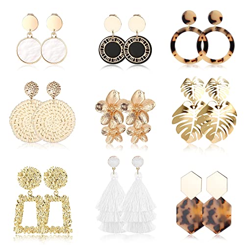 Finrezio 9 Paar Clip-Ohrringe für Frauen, Rattan, Kunstharz, Acryl, Tropfen-Ohrringe, leicht, geometrisch, Rattan, Quaste, Tropfen-Ohrringe, Schmuck, Acryl, Rattan, Kein Edelstein von Finrezio