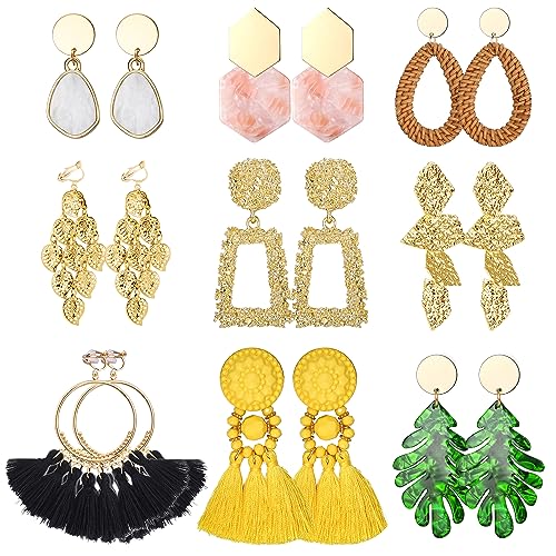 Finrezio 9 Paar Ohrclips Damen Ohne Ohrlöcher - Nicht Durchbohrte Clip Ohrringe für Statement Harz Acryl Tropfen Baumeln - Leichte Geometrische Creolen Ohrclip von Finrezio