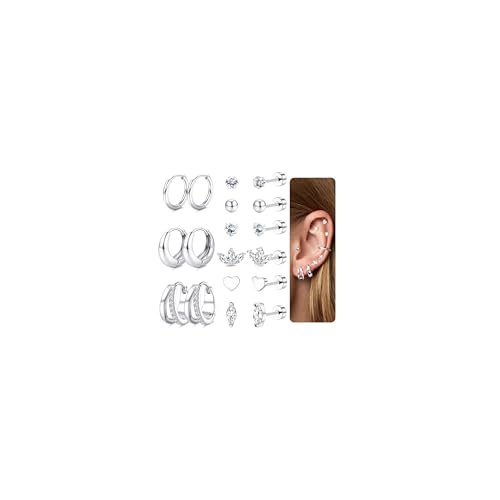 Finrezio 9 Paar Ohrringe Silber Set für Damen Piercing Ohr Silber Chirurgenstahl Ohrringe Medizinische Ohrstecker Silber Creolen Huggie Ohrringe Hypoallergene Helix Piercings Schmuck Silber von Finrezio