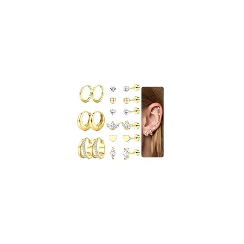 Finrezio 9 Paar Ohrringe Gold Set für Damen Piercing Ohr Gold Chirurgenstahl Ohrringe Medizinische Ohrstecker Creolen Gold Huggie Ohrringe Hypoallergene Goldene Ohrringe Damen Helix Piercings Gold von Finrezio