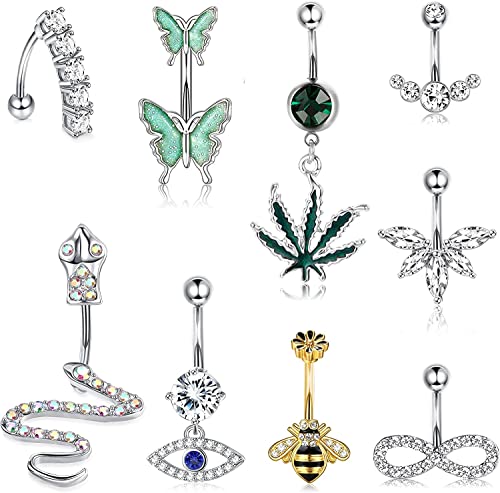 Finrezio 9 STÜCKE 14G Nabelpiercing Bauchnabelringe Bauchnabelpiercing Chirurgenstahl für Damen Edelstahl Barbell Umgedrehtes Piercing Dangly Snake Evil Eye Schmetterling Bauchnabelpiercing Schmuck von Finrezio