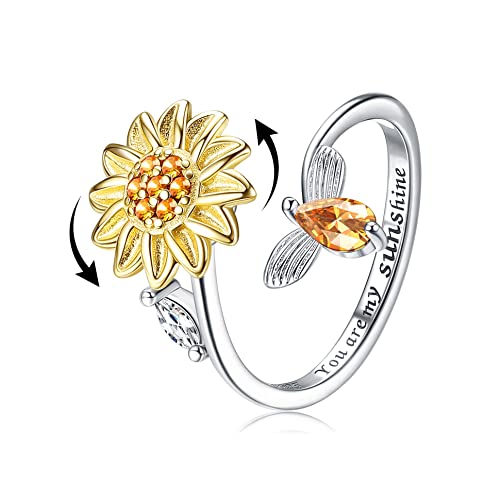 Finrezio 925 Sterling Silber Angst Ring für Damen Sonnenblumen-Spinner-Ring Offen Verstellbare Spinner Ringe CZ Blumen-Mond-Stern-Ringe Schmuck Geschenk zum Valentinstag von Finrezio