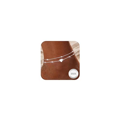 Finrezio Fußkettchen für Damen Silber 925 Layered Fußkettchen Silber Verstellbare Herz Perlen Fußkette für Mädchen Sommer Strand Schmuck Geschenk (Inklusive Geschenkbox) C von Finrezio