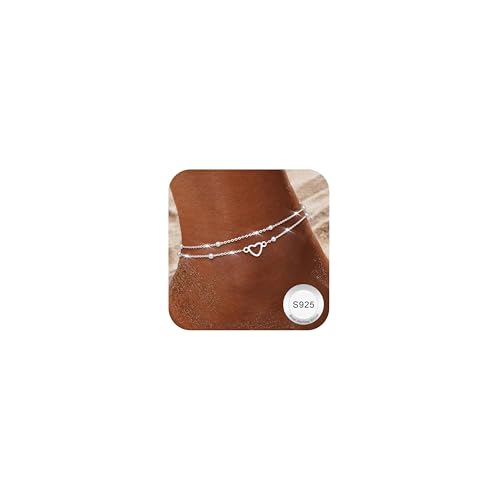 Finrezio Fußkettchen für Damen Silber 925 Layered Fußkettchen Silber Verstellbare Herz Perlen Fußkette für Mädchen Sommer Strand Schmuck Geschenk (Inklusive Geschenkbox) B von Finrezio