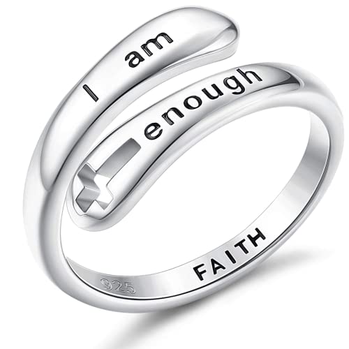 Finrezio 925 Sterling Silber Ringe für Damen Herren I am Enough Inspirierende Ringe Glaube Christian Kreuz Ermutigung Statement Ringe Einstellbar von Finrezio