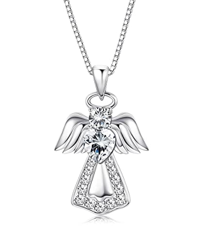 Finrezio 925 Sterling Silber Schutzengel Anhänger Halskette für Mädchen Frauen Herz Kristall Silber Halskette als Geschenk, Geschenk für Tochter/Ehefrau/Freundin von Finrezio