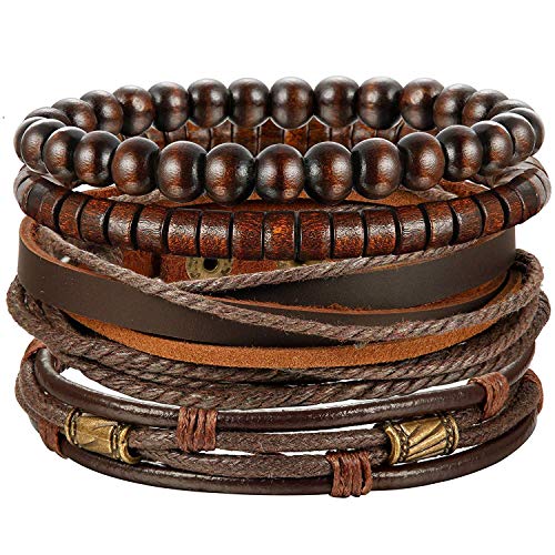 Finrezio Armband Holz Perlen Leder Armbänder Set für Herren Damen Geflochtene Leder Armbänd Vintage Punk Braun von Finrezio