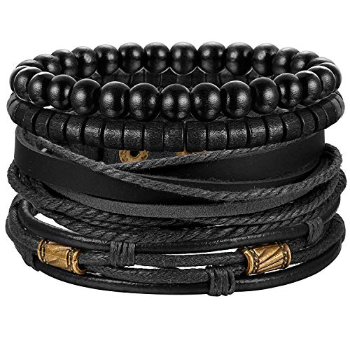 Finrezio Armband Holz Perlen Leder Armbänder Set für Herren Damen Geflochtene Leder Armbänd Vintage Punk Schwarz von Finrezio