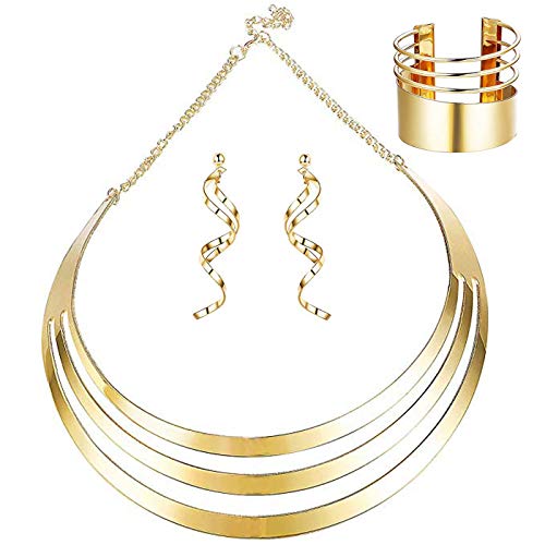 Finrezio Gold-Ton Bib Choker Halskette Set Für Frauen Breite Stulpearmbänder Anweisung Baumeln Ohrringe Festival-Schmuck von Finrezio