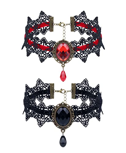 Finrezio Gothic Schmuck Set Halloween Schwarz Spitze Halskette und Ohrringe Set für Damen Gothic Rot Anhänger Spitze Choker Halloween Schmuck Set für Halloween-Kostüm Cosplay von Finrezio
