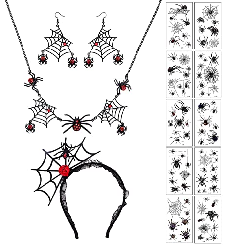 Finrezio Halloween Schmuck Spinne Halskette Ohrringe Set für Frauen Spinnennetz Temporäre Tattoos Haarreif Schwarz Spinnennetz Anhänger für Halloween Kostüm Party von Finrezio