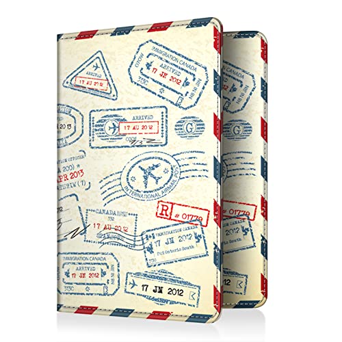 FINTIE Reisepass Impfpass Schutzhülle - Premium Kunstleder Reisepasshülle Travel Organizer mit RFID-Blockier für Kreditkarten, Ausweis, Reisedokumente Damen Herren, Stempel Design von FINTIE