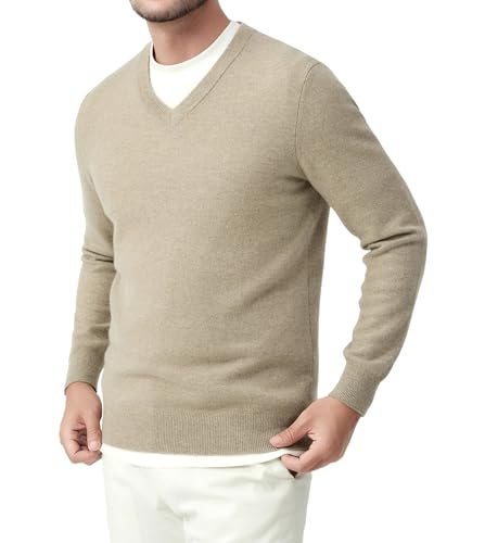 Fioboc Pullover Herren Tops Winter Gestrickt V-Ausschnitt Herren Pullover Langarm Leichter Strickpullover Weiche warme Klassische Strickwaren Pullover für Männer, Beige XL von Fioboc
