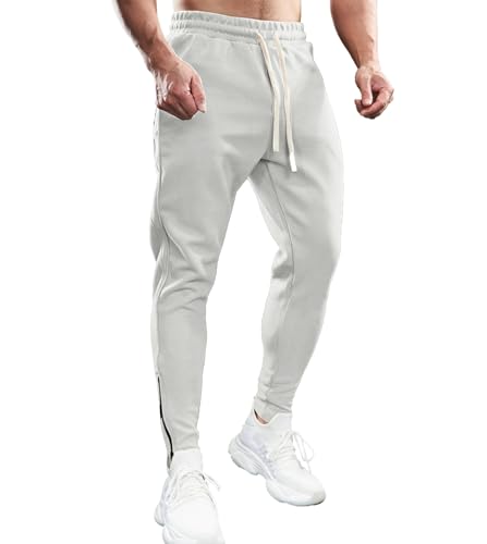 Fioboc Weekend Performance Jogginghose mit Reißverschluss für Herren, Jogginghose mit Reißverschlusstaschen, Sporthose, Slim_fit-weiß, X-Groß von Fioboc