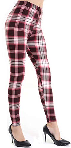 Aventy Damen Leggings mit Karomuster, elastisch, volle Länge, Rot Gr. One size , Pink, Tartanmuster von Fioeyr