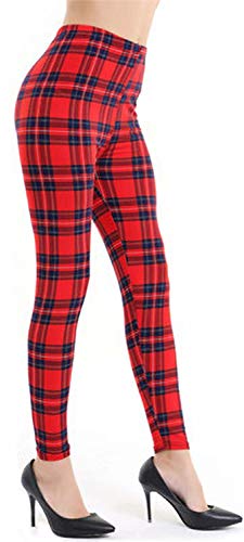 Aventy Damen Leggings mit Karomuster, elastisch, volle Länge, Rot Gr. One size , Rotes Tartan-Muster von Fioeyr