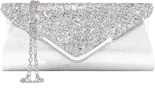 Fioeyr Damen Clutch Tasche Elegant Pailletten Abend Clutch Geldbörse Kette Schultertaschen Glitzernd Gold Abend Braut Abschlussball Party Handtasche Geldbörse, silber von Fioeyr