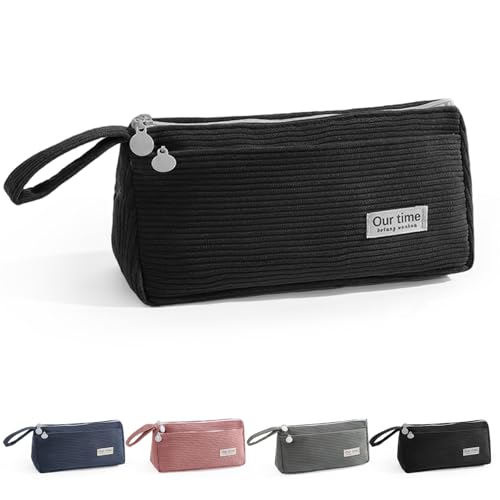 Fiohiros Großes Federmäppchen, großes Fassungsvermögen, Federmäppchen mit 3 Fächern, tragbarer Canvas-Schreibwaren-Organizer mit Reißverschluss-Griff für Teenager, Mädchen, Jungen, College, Schwarz von Fiohiros