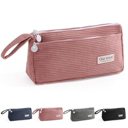 Fiohiros Großes Federmäppchen, großes Fassungsvermögen, Federmäppchen mit 3 Fächern, tragbarer Canvas-Schreibwaren-Organizer mit Reißverschluss-Griff für Teenager, Mädchen, Jungen, College, rose von Fiohiros