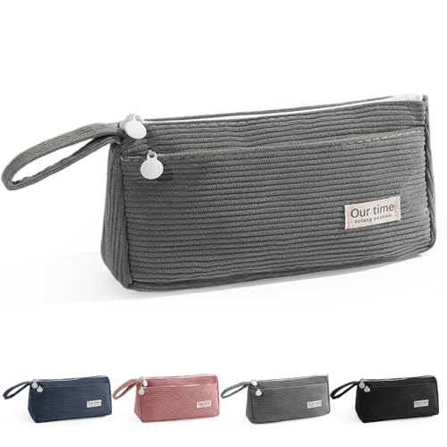 Fiohiros Großes Federmäppchen, großes Fassungsvermögen, Federmäppchen mit 3 Fächern, tragbarer Canvas-Schreibwaren-Organizer mit Reißverschluss-Griff für Teenager, Mädchen, Jungen, College, grau von Fiohiros