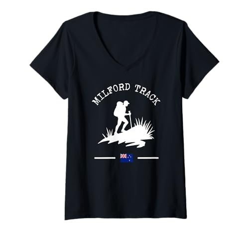 Damen Milford Track Wanderweg Neuseeland Flagge Trekkingweg T-Shirt mit V-Ausschnitt von Fiordland National Park New Zealand Souvenir