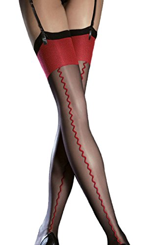 Fiore Damen Halterlose Strümpfe Gr. Medium, Schwarz - Rot / Schwarz von Fiore