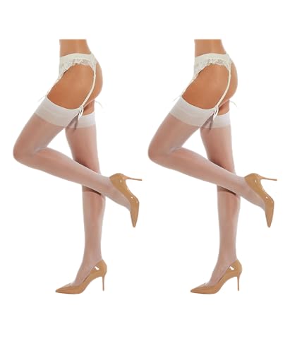 Fiore Justine 20 Denier transparente Nylonstrümpfe für Strumpfhalter (5, Weiß) - 2er-Set von Fiore
