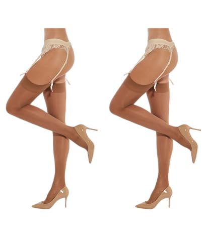 Fiore Justine 20 Denier transparente Nylonstrümpfe für Strumpfhalter (7, TAN) - 2er-Set von Fiore