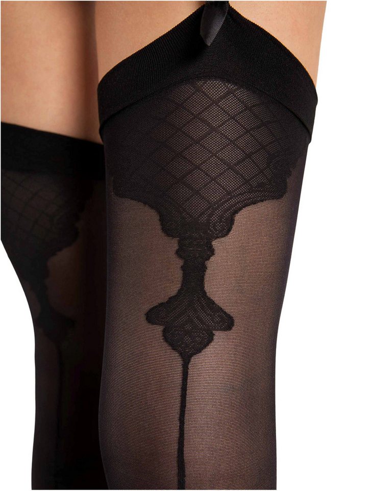 Fiore Strapsstrümpfe Storia (Packung, 1 Paar) Strapsstrümpfe mit schwarzem Muster Abschluss am Strumpfband und Ferse von Fiore
