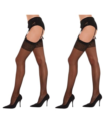 Fiore Strümpfe für Strapsgürtel mit wildem Strumpfband, Schwarz, T4, 2er Pack von Fiore