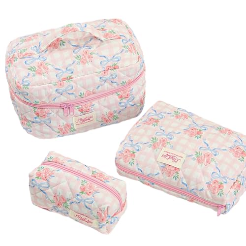 3pcs Frauen Baumwolle gestepptes Make -up -Taschen -Set Reisen Toilettenbeutel (rosa Plaid Rose) von Fiorky