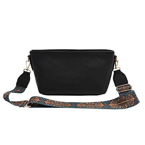 Damen Crossbody Bag Vintage PU Leder Messenger Bags Female Schultertasche Solid Print Breiter Gurt Kleine Handtasche Geldbörse für Reisen Einkaufen Wandern Alltag, Schwarz von Fiorky