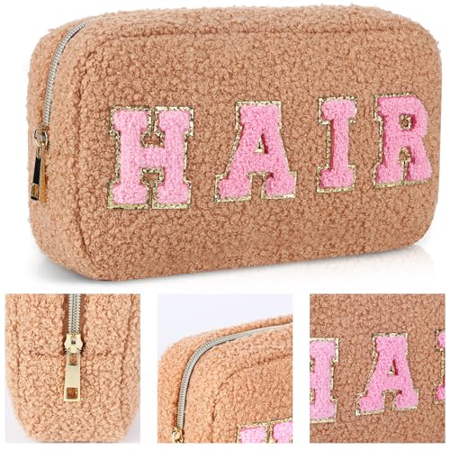 Fiorky 2 Stück Flauschige Kosmetik-Aufbewahrungstasche, Chenille-Buchstabe, Flauschiger Kulturbeutel, Preppy Patch, Kosmetik-Organizer-Tasche, Reißverschluss, for Frauen u von Fiorky