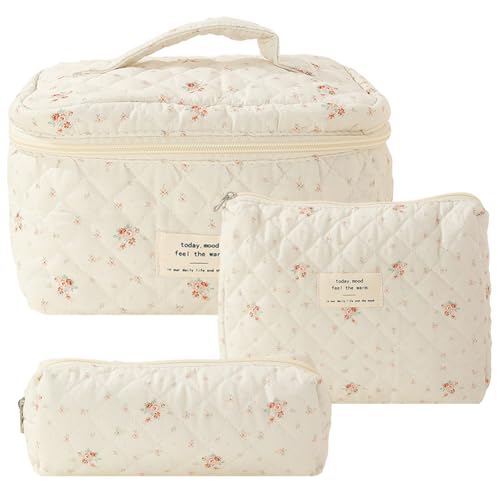 Fiorky 3Pcs Damen Ästhetische Toilettenartikel Geldbeutel gedruckt Baumwolle gesteppt Kosmetiktasche gepolstert Make-up Tasche Mädchen täglichen Gebrauch Kupplung von Fiorky