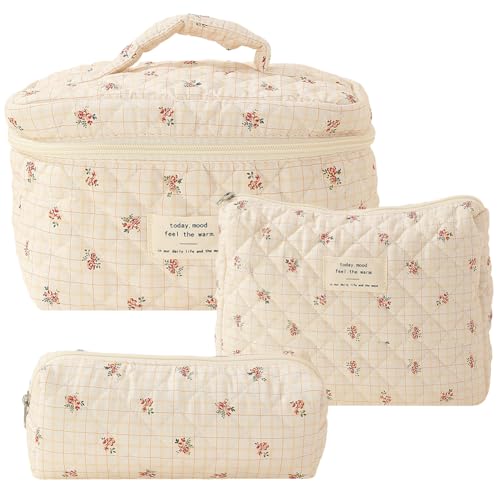 Fiorky 3Pcs Damen Ästhetische Toilettenartikel Geldbeutel gedruckt Baumwolle gesteppt Kosmetiktasche gepolstert Make-up Tasche Mädchen täglichen Gebrauch Kupplung von Fiorky