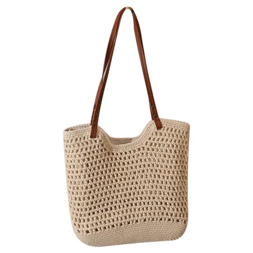 Fiorky Baumwoll-Häkel-Umhängetasche, ausgehöhlte Urlaubs-Reisehandtasche mit Reißverschluss, lässige Schultertasche, Geldbörse mit Tragegriff oben (Beige S) von Fiorky