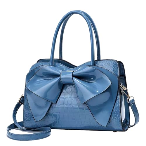 Fiorky Bow Design Modische Handtasche aus PU-Leder, trendige Umhängetasche mit abnehmbarem Riemen, Satchel-Geldbörse, einfarbig, Henkeltasche for Damen (blau) von Fiorky