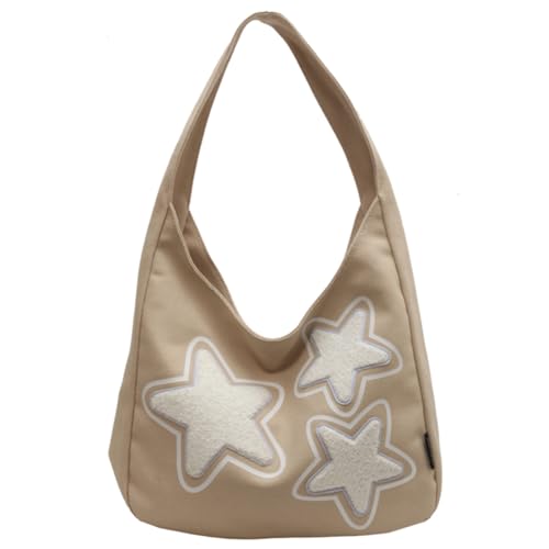 Fiorky Canvas-Umhängetasche, großes Fassungsvermögen, Sternmuster, lässige Schultertasche, Umhängetasche, Unterarmtasche for Damen und Mädchen (Beige) von Fiorky