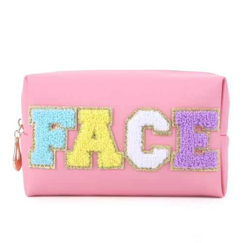 Fiorky Chenille Letter Preppy Patch Make-up-Tasche mit Reißverschluss, PU-Leder, wasserdichter Kulturbeutel, großes Fassungsvermögen, tragbare -Make-up-Tasche for Frauen for Reisezubehör (Ge von Fiorky