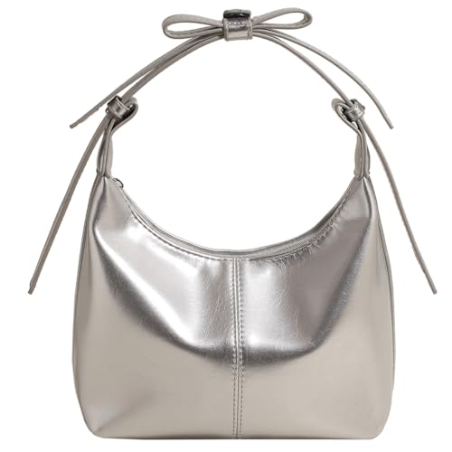 Fiorky Crescent Umhängetasche, PU-Leder, modische Hobo-Handtasche mit verstellbarem Riemen, Unterarmtasche, einfarbige Clutch-Geldbörse for Damen und Mädchen (Silber) von Fiorky