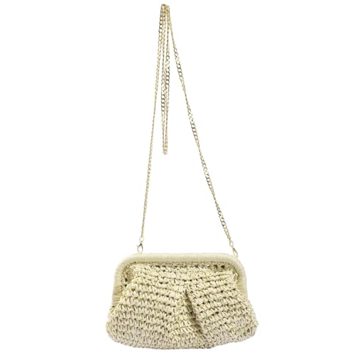 Fiorky Damen-Clutch aus Stroh, große Kapazität, Cloud-Knödeltasche, einfarbig, gewebte Knödeltasche, Kettenriemen for den Sommerurlaub (Beige) von Fiorky